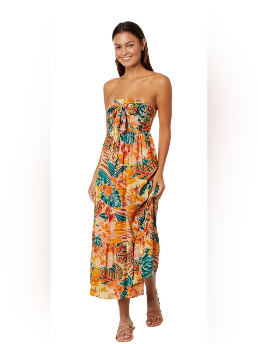 Rip Curl Multicolor Smocked Midi Dress - Yellow, Green, Orange, Red